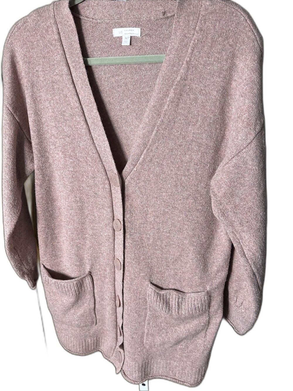 Womens Long Pink Gray Cardigan Sweater Heather Sz M LC Lauren Conrad